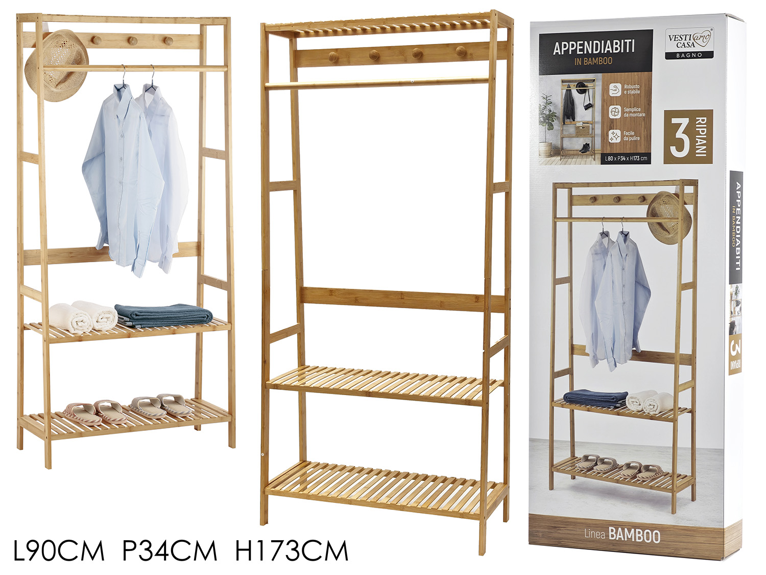 726077 Appendiabiti 3 ripiani 4 Posti Linea Bamboo - immagine 1