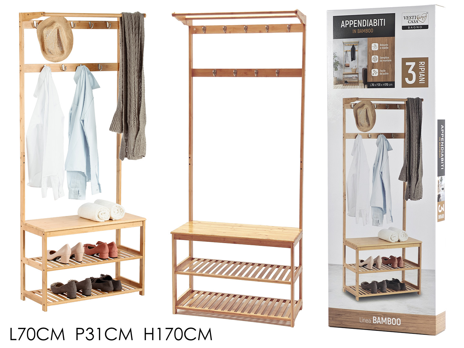 726078 Appendiabiti 3 ripiani 9 Posti Linea Bamboo - immagine 1