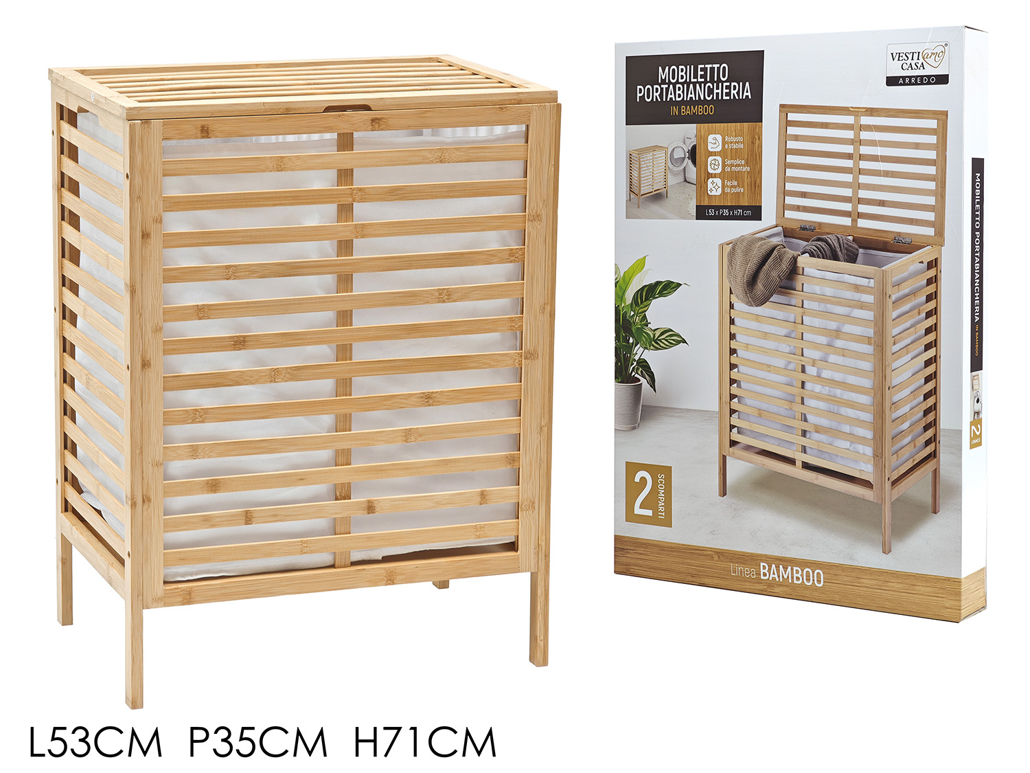 726133 Mobiletto Portabiancheria 2 Scomparti Linea Bamboo - immagine 1