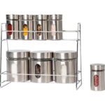 Set 8 pezzi Barattoli e portaspezie in vetro e acciaio inox con stand