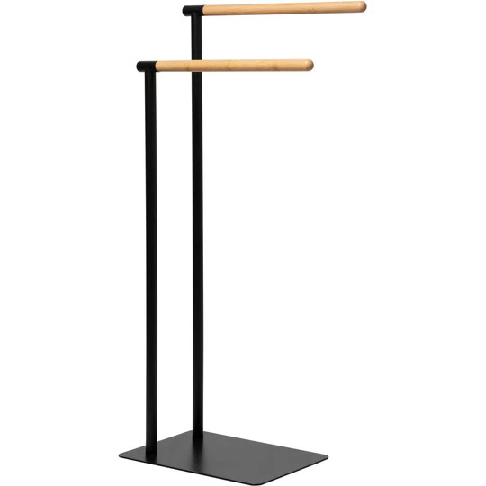 imgi_6_726058 Piantana Portasciugamani 2 Posti in Acciaio Inox Nero con Elementi in Bamboo - immagine 1
