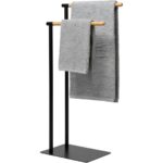 Piantana Portasciugamani 2 Posti in Acciaio Inox Nero con Elementi in Bamboo - immagine 2