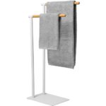 Piantana Portasciugamani 2 Posti in Acciaio inox Bianco con elementi in bamboo - immagine 2