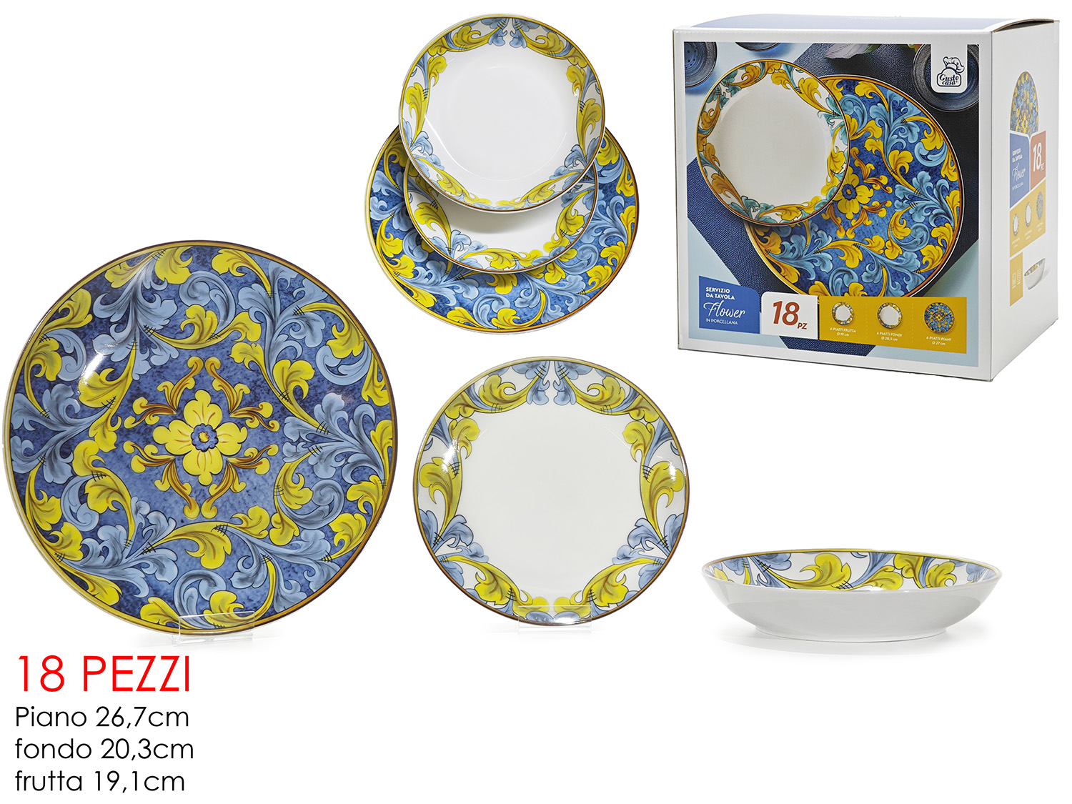 524250 Servizio Piatti in Porcellana 18 pezzi, Decorazione Maiolica "Flower" - immagine 1