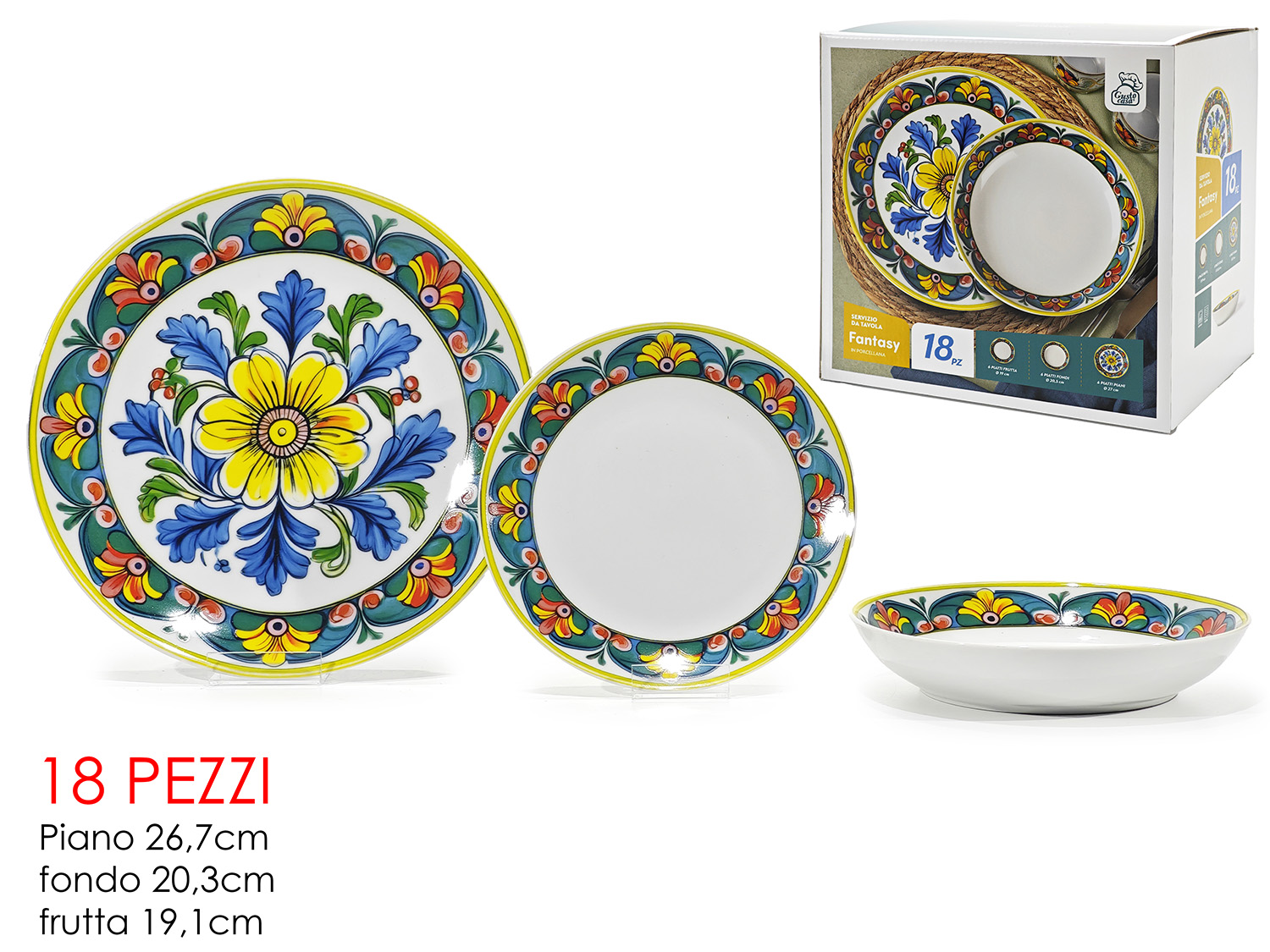 524256 Servizio Piatti in Porcellana 18 pezzi, Decorazione Maiolica "Fantasy" - immagine 1