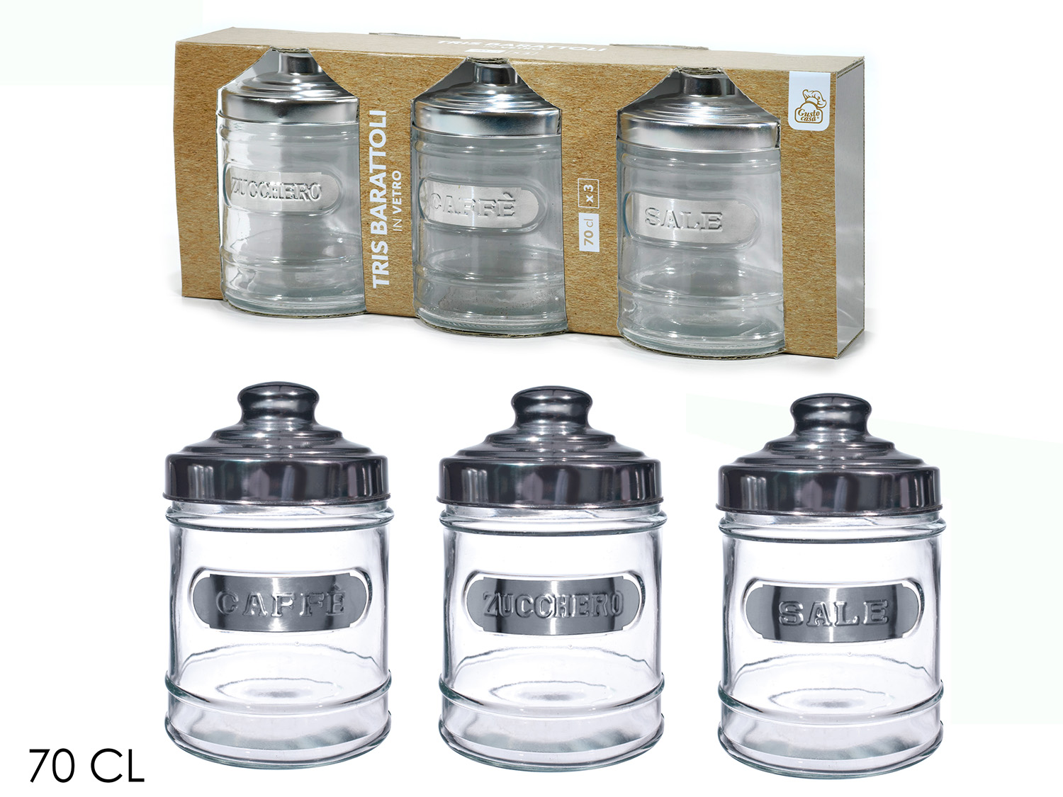 703000 Tris Barattoli da Cucina in Vetro con coperchio - Sale, Zucchero, Caffè - immagine 1