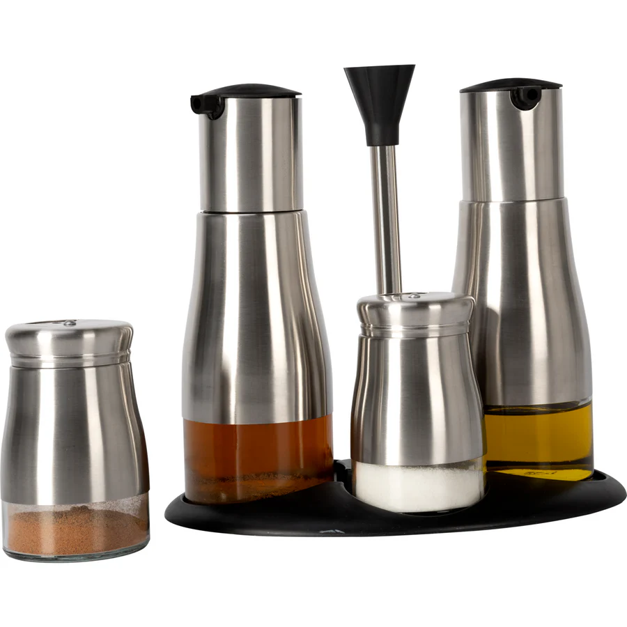 set olio aceto sale acciaio inox stand Set menage con 4 contenitori in acciaio inox con stand - immagine 1
