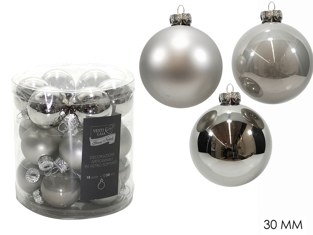 480617A Set 18 Palline di Natale Argento $Ø$ 30mm in Vetro Soffiato - Decorazioni Lucide e Opache - immagine 1
