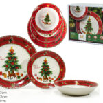Set da 18 Piatti Natalizi in Porcellana - Tema Renne e Albero di Natale Rosso