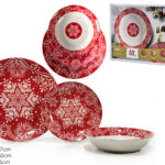 Set da 18 Piatti Natalizi in Porcellana  - Fiocco di Neve Rosso Inverno