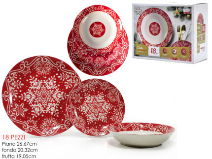 Set da 18 Piatti Natalizi in Porcellana  - Fiocco di Neve Rosso Inverno
