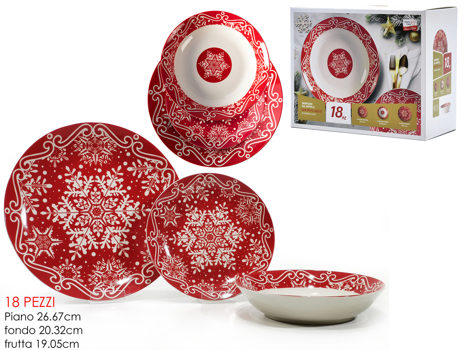 Set 18 Piatti Natalizi Gnomi (Tomte) e Albero Decorato (26.7cm) Set da 18 Piatti Natalizi in Porcellana - Fiocco di Neve Rosso Inverno - immagine 1