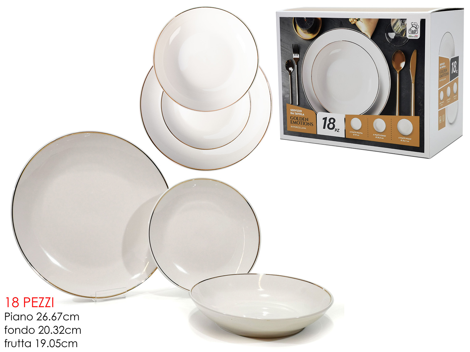 Set 18 Piatti Natalizi Ghirlanda Agrifoglio – Bordo Smerlato Servizio Piatti 18 Pezzi "Golden Emotions" in Porcellana Bianca e Oro - immagine 1