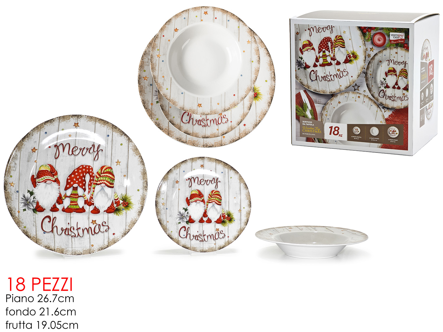 Set 18 Piatti in Porcellana Bordo Oro – Linea Classica (26.7cm) Set 18 Piatti Natalizi "Merry Christmas Gnomi" Effetto Legno Rustico - immagine 1