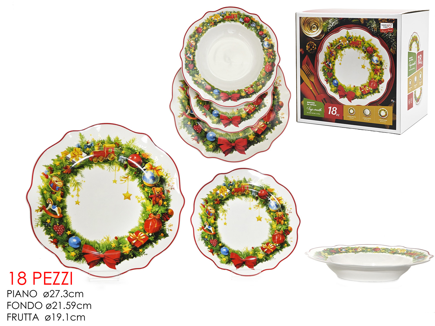 Set Piatti 18 Pezzi Natale Ghirlanda Giocattoli Bordo Smerlato – Porcellana Festiva Lusso. Set Piatti 18 Pezzi Natale Ghirlanda Giocattoli Bordo Smerlato – Porcellana Festiva Lusso. - immagine 1