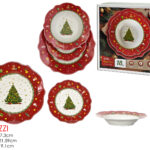Set Piatti 18 Pezzi Natale Rosso e Albero di Natale Bordo Ondulato – Porcellana Festive.