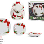 Set Piatti Quadrati Natalizi 18 Pezzi Fiocco Rosso e Agrifoglio – Porcellana Moderna Festa.