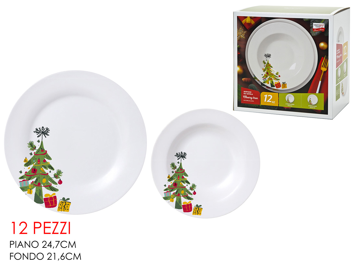 Set 18 Piatti Natalizi Vintage – Babbo Natale e Bambini Set da 12 Piatti Natalizi in Porcellana - Tema Albero di Natale 'Chrissy Tree' - immagine 1