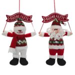 Set 2 Decorazioni Natalizie in Tessuto Pupazzo di Neve e Babbo Natale con Scritta "Buone Feste" - Addobbi Maglione Invernale