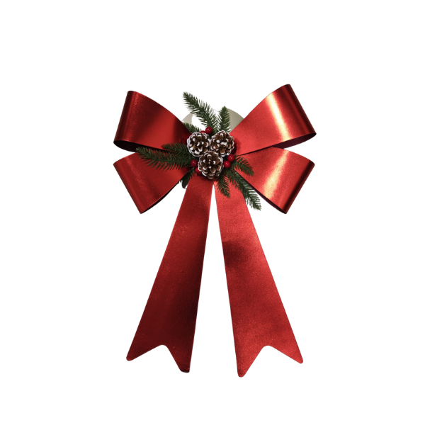 412885-B Fiocco Natalizio Glitter Rosso Lucido con Pigne e Bacche Invernali - immagine 1