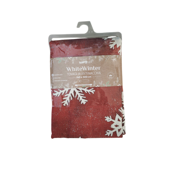 673852-C Tovaglia 10 Posti Antimacchia "White Winter" Fiocchi di Neve (Rosso) – 140x300 cm - immagine 1