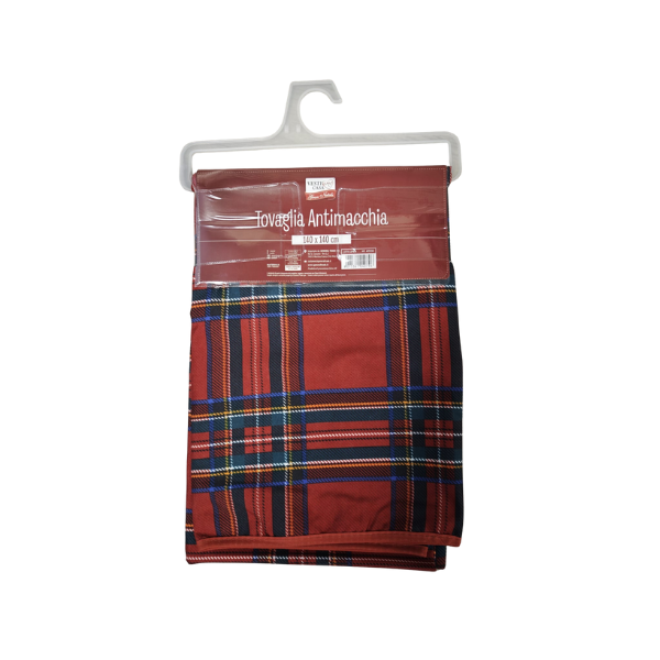 675153-F Tovaglia Antimacchia Tartan Bordeaux 140x140 cm – Fantasia Scozzese Elegante - immagine 1