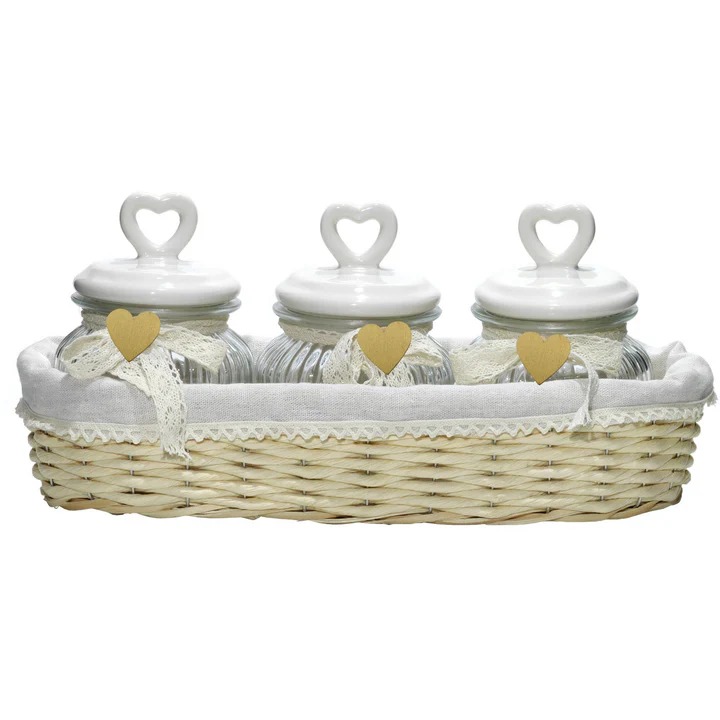 imgi_4_477553 Tris Bomboniera Shabby Chic: 3 Barattoli Cuore in Ceramica con Cesto Lungo - immagine 1