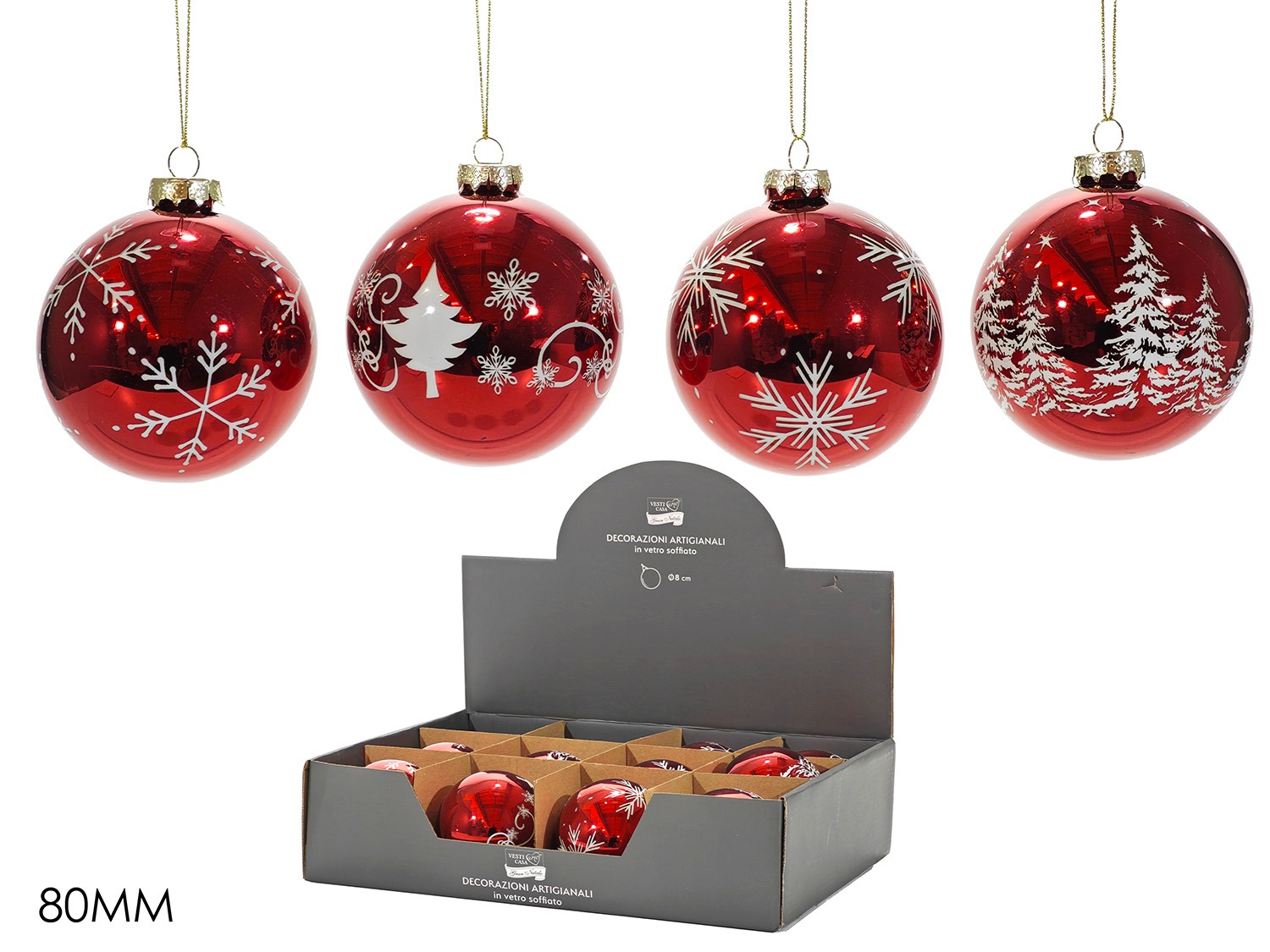 imgi_6_480556 (1) Set 12 Palle di Natale Assortite in Vetro Soffiato Rosso Rubino Lucido e Argento (80mm) - immagine 1