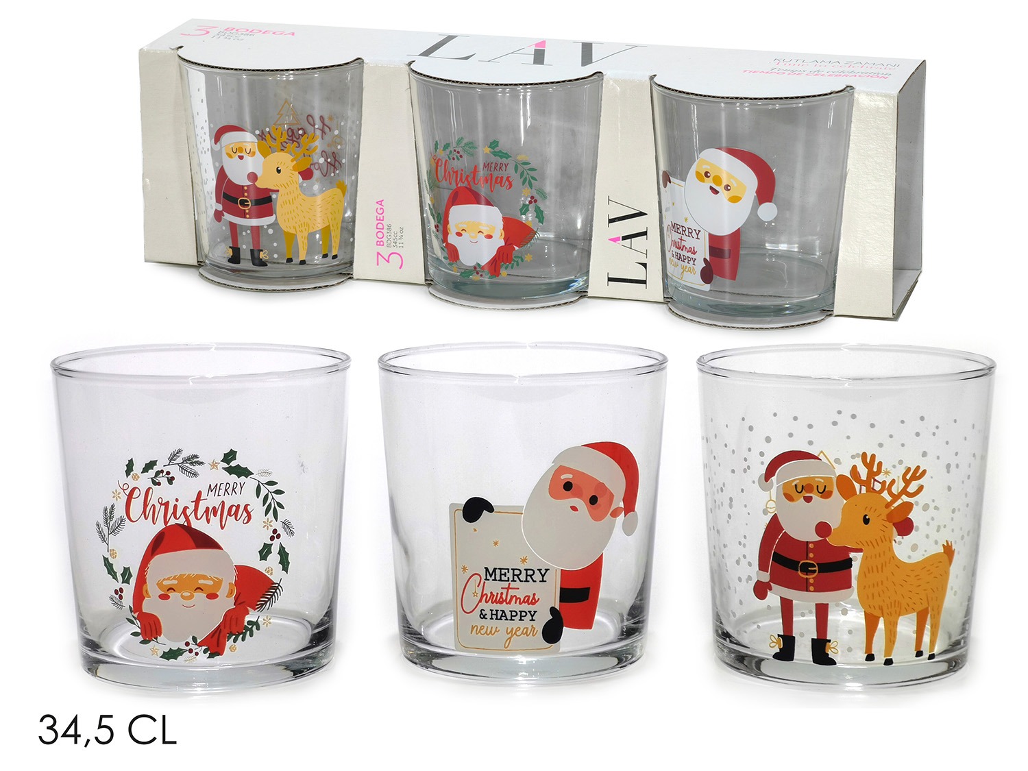 imgi_6_680287 Set 3 Bicchieri Natalizi Santa Claus e Renna (34,5 cl) - immagine 1