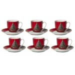 Set 6 Tazzine da Caffè Espresso Natalizie Rosse con Albero di Natale e Piattino