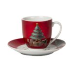 Set 6 Tazzine da Caffè Espresso Natalizie Rosse con Albero di Natale e Piattino - immagine 2
