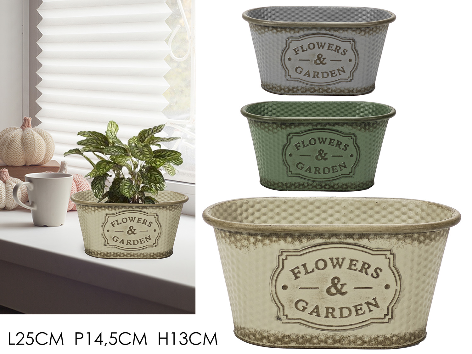 446885 Ciotola Ovale Shabby Chic "Flowers & Garden" – Portapiante in Metallo - immagine 1