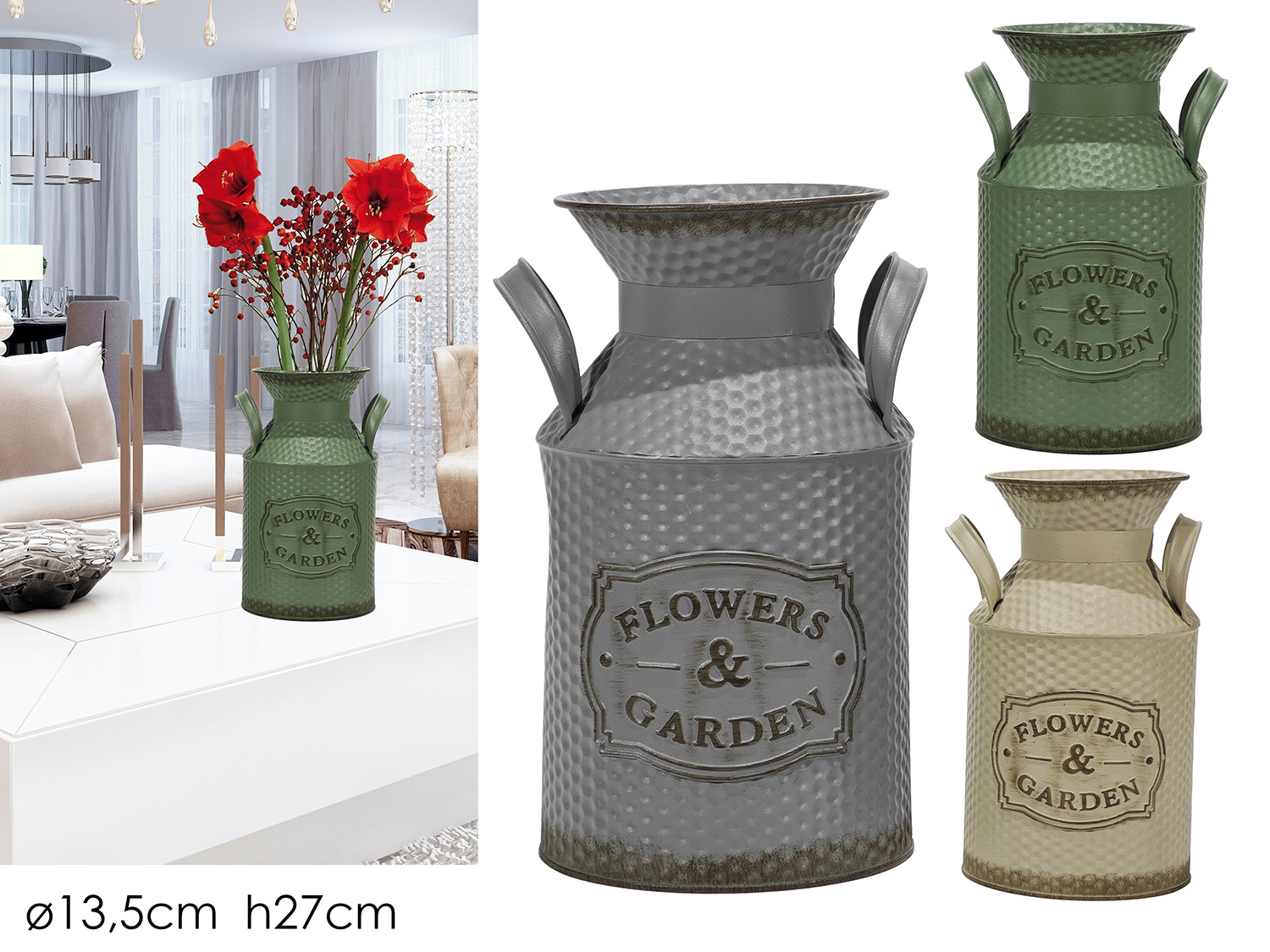 446896 Vaso a Anfora Con Manici "Flowers & Garden" in Metallo – Stile Vintage e Shabby Chic - immagine 1
