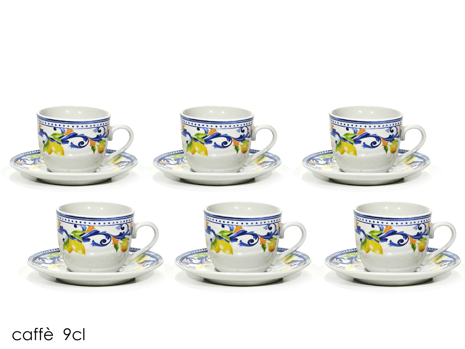 524262 Set Caffè 6 Tazzine con Piattini in Porcellana – Decoro Limoni Mediterranei (9cl - immagine 1