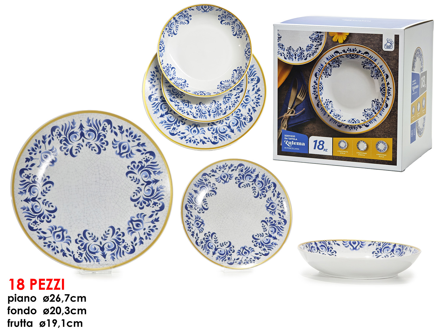 524331 Servizio Piatti 18 Pezzi "Zulema" in Porcellana – Eleganza Classica Blu e Bianca - immagine 1