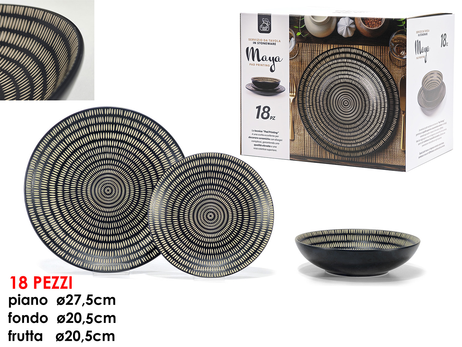 527302 Servizio Piatti 18 Pezzi "Maya Black" in Stoneware – Stile Moderno e Materico - immagine 1
