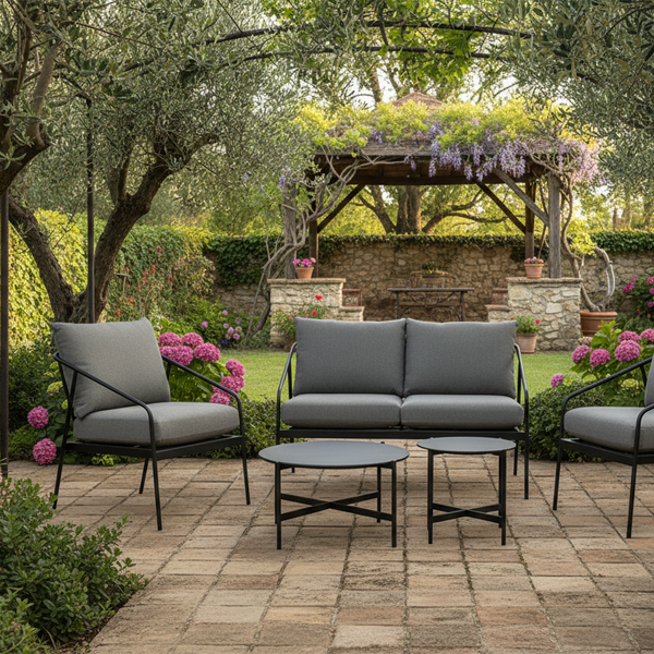 800560 (1) Set Divano Con 2 Poltrone + 2 Tavolini -Antracite - immagine 1