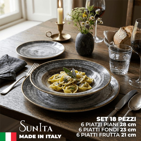 PIATTI BLACK ROUND set 18 pezzi 1 Piatti Saturnia Black Round: Porcellana Made in Italy - Set 18 Pezzi - immagine 1